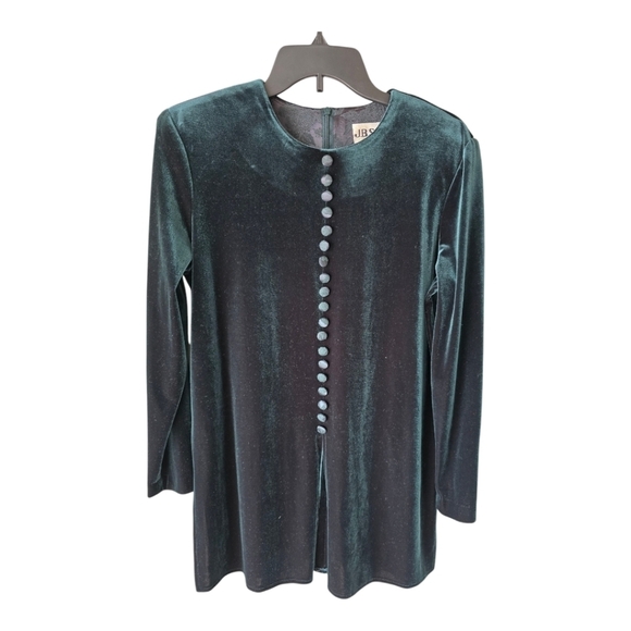 CVTG JBS Velvet Blouse Women 10P Green Long Sleeves Popover Padded High Slit - Picture 2 of 12